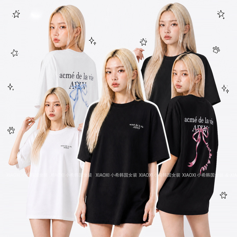 [Authentic Delivery] Korean Trendy Brand Adlv Basic Style Letter Butterfly Print Loose Short-Sleeved Pure Cotton T-Shirt for Women