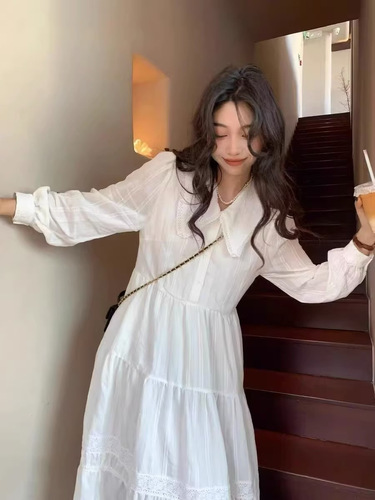 White Gentle Breeze Babydoll Neck Long-Sleeve Dress for Women, Spring and Autumn French Style, Elegant and Slimming Fairy Dress