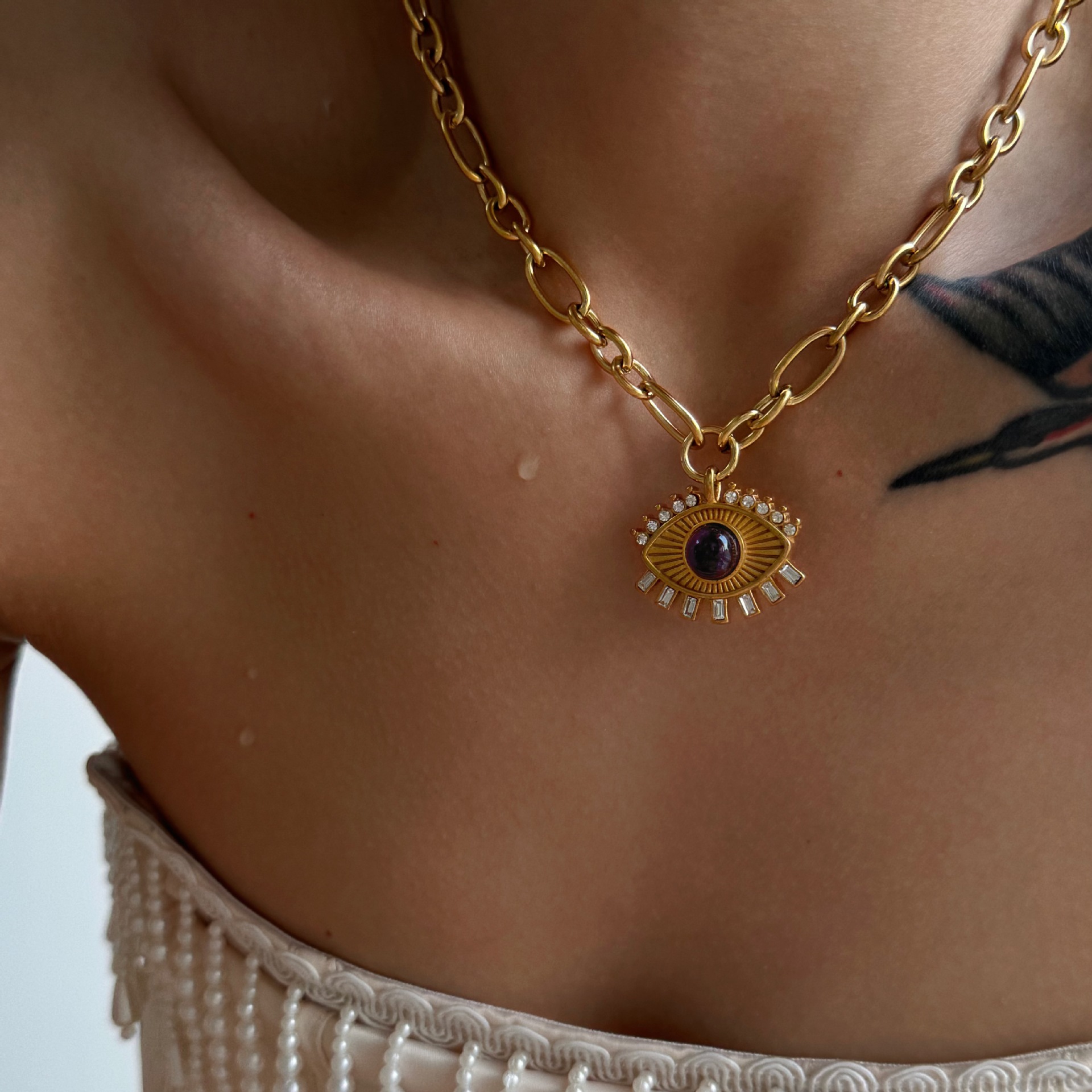Holiday, Daily Occasion 304 Stainless Steel, Titanium Steel Material Wholesale Jewelry IG Style Retro Devil's Eye Titanium Steel Zircon 18K Gold Plated Hollow Out Inlay Pendant Necklace