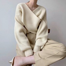 韩国东大门秋冬新款气质简约V领交叉设计感宽松百搭针织衫毛衣