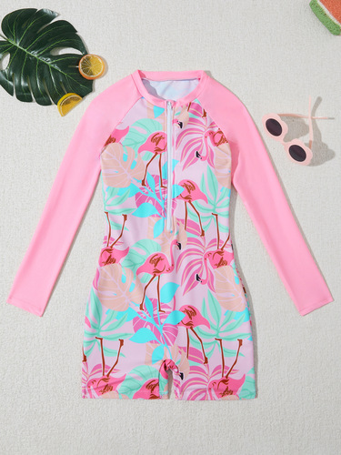 Long-sleeved one-piece children's swimsuit for girls—cute, modest zip-up printed diving suit/swimsuit for little girls