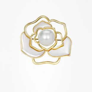 Imitation Shell Hollow Camellia Corsage Rose Brooch for Women, Faux Pearl Pin for Coats, Cheongsam White Crystal Brooch