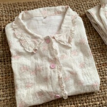 新品！玛格丽特纯棉双层纱花边长袖睡衣女秋季家居服套装可外穿