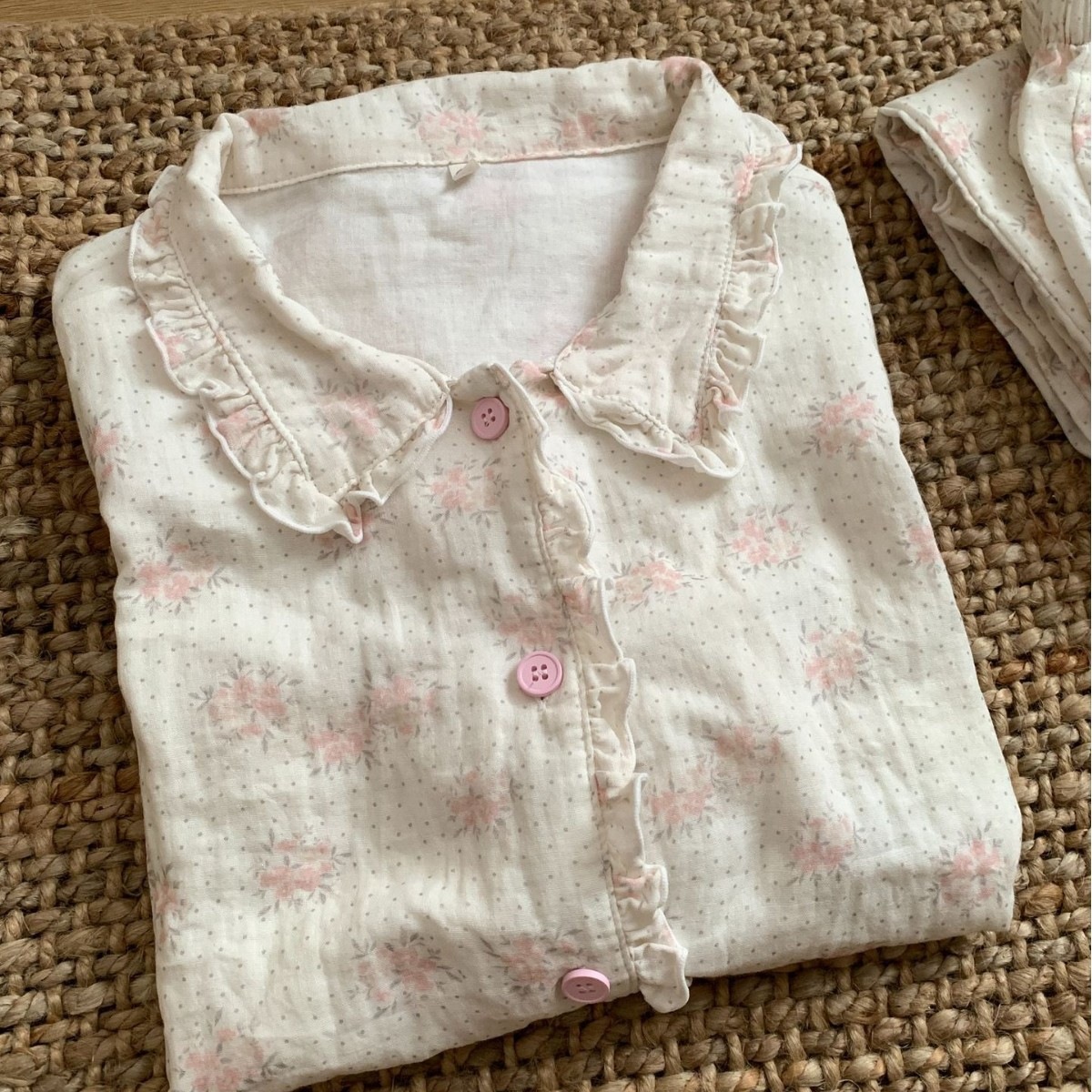 新品！玛格丽特纯棉双层纱花边长袖睡衣女秋季家居服套装可外穿