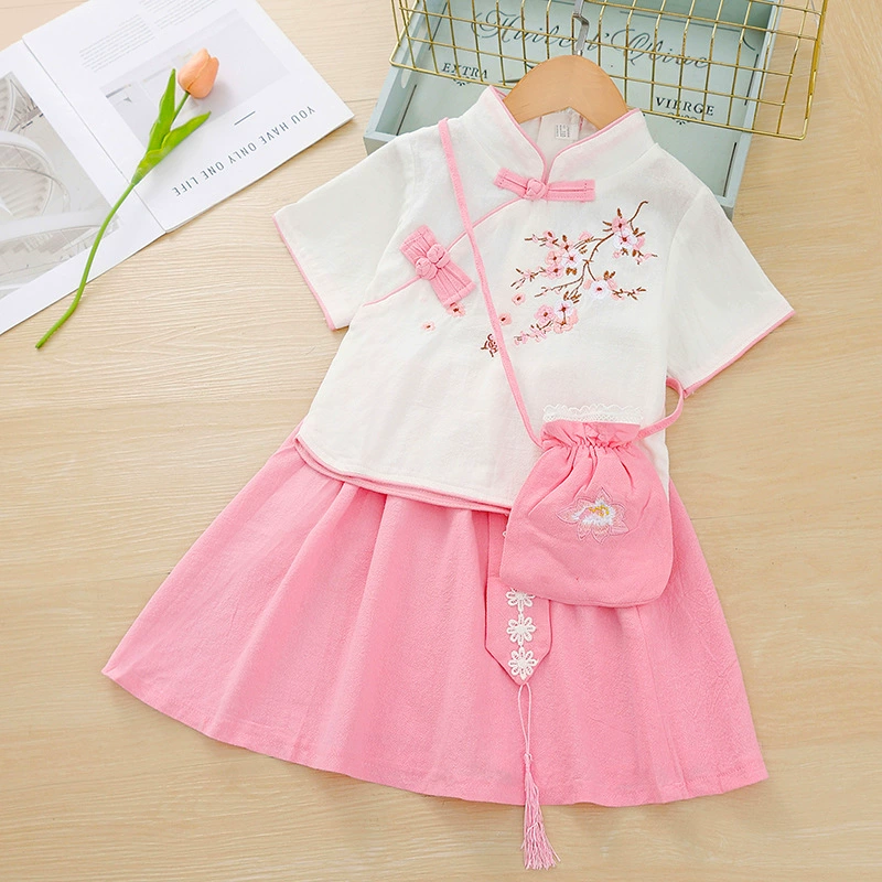 Новый стиль, маленькая школьная юбка с цветочной вышивкой в ​​стиле ретро, ​​костюм в китайском стиле для девочек, костюм Hanfu плюс сумка