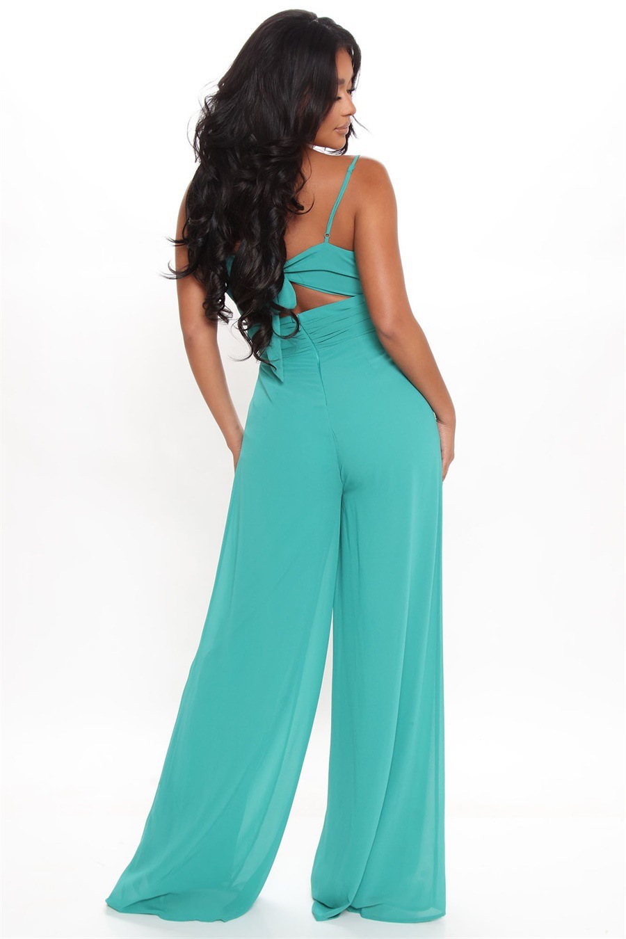 Sling Backless Lace-Up Wide-Leg Solid Color Chiffon Jumpsuit NSXPF116584