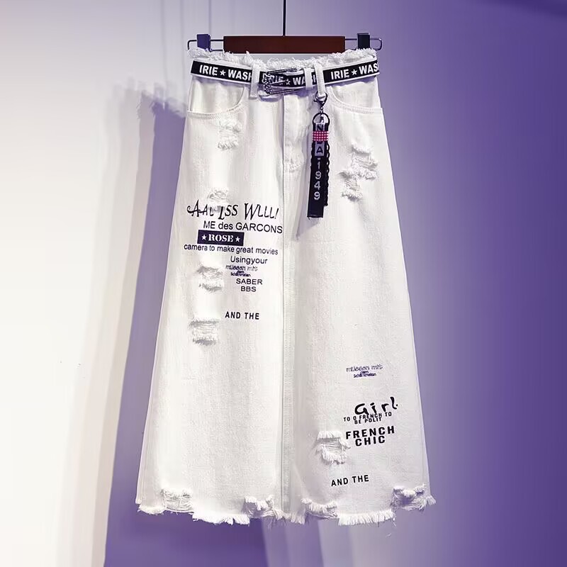 European Station Spring and Autumn Plus-Size Ripped White Denim Skirt Women's Ins Frayed Hem Bodycon Mid-Length Pencil Skirt