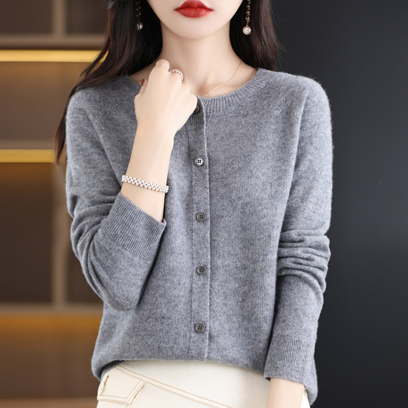 Cárdigan de Punto de Lana para Mujer Lana Cuello Redondo, Manga Larga para Otoño e Invierno