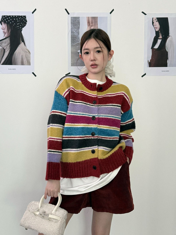 ME KAKAMEE十三行秋复古彩虹条纹拼色宽松慵懒感开衫毛衣女 A2889|undefined