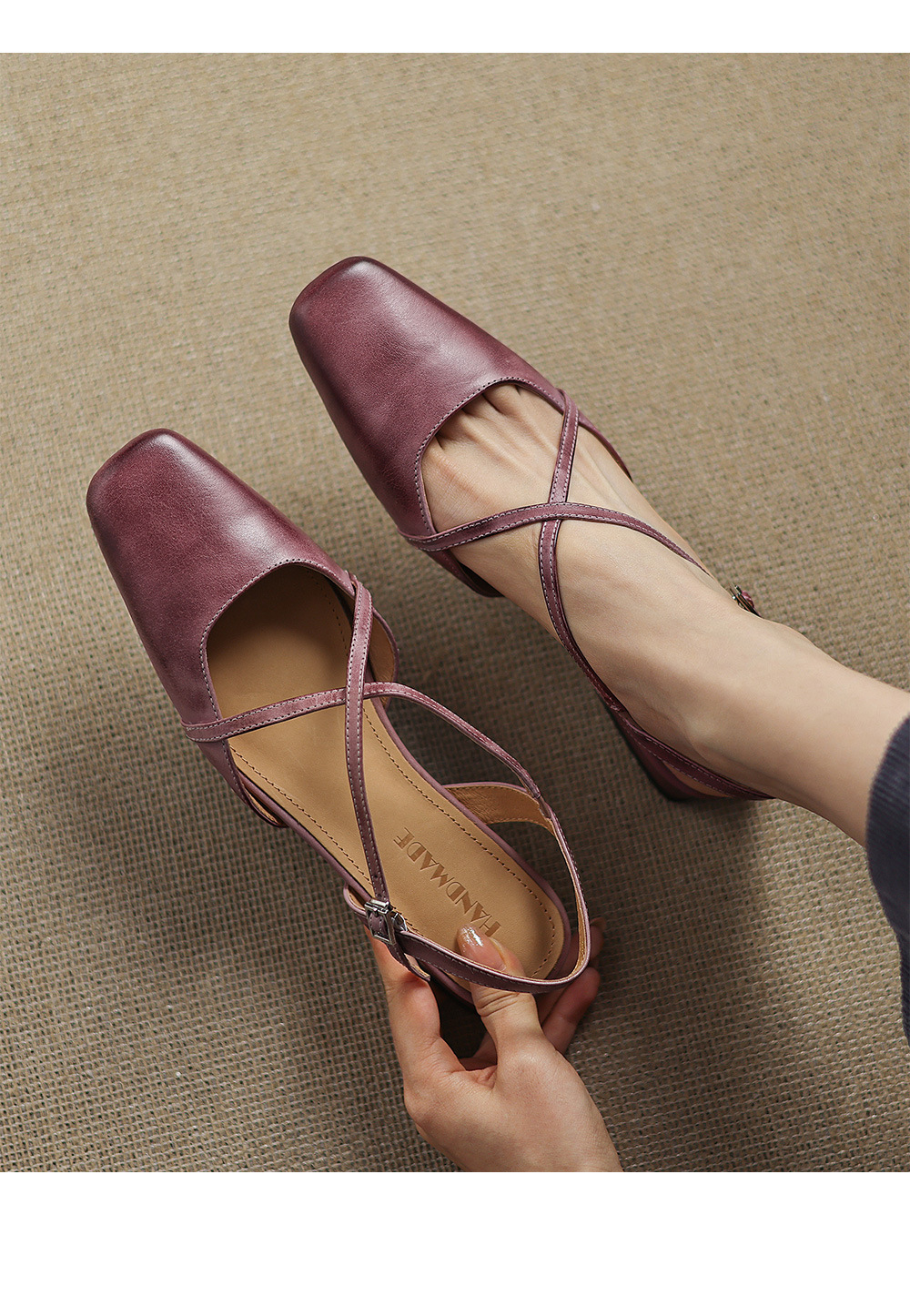 Sandal nữ mũi kín quai chéo buộc dây gót thấp phong cách Hàn Quốc — màu tím chi tiết 6