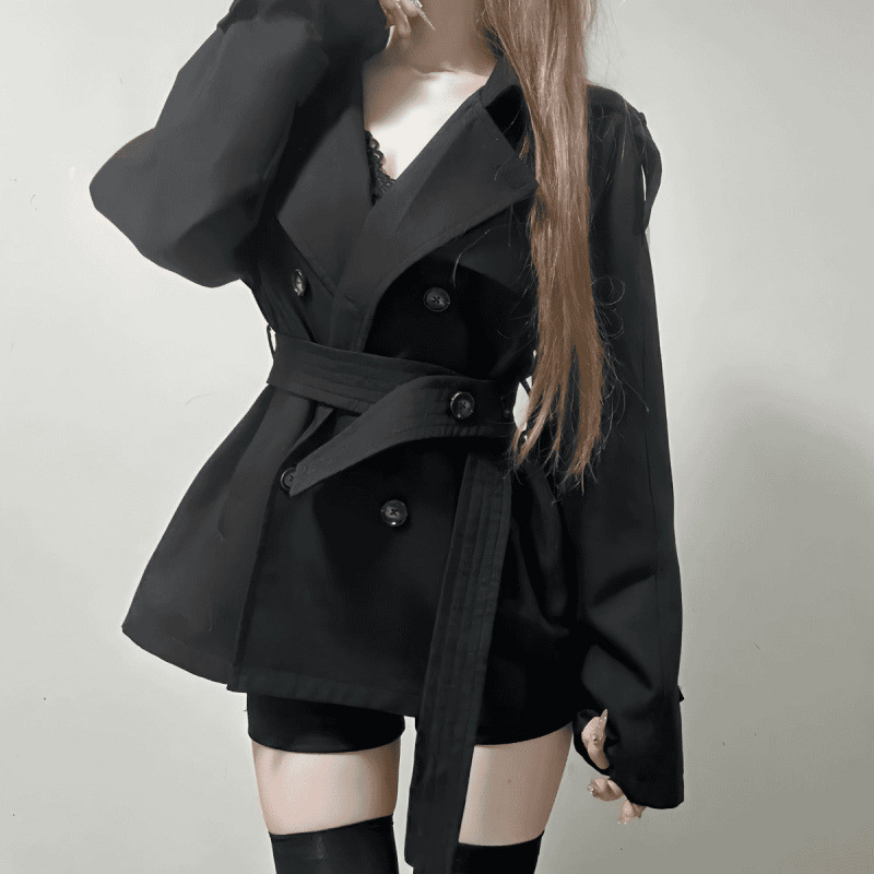 早秋英伦风短款风衣黑色双排扣女小个子秋冬新款感收腰小香风|undefined