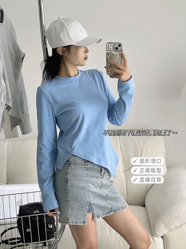 基础款不对称圆领长袖t恤女春秋季新款宽松显瘦时尚休闲垂感上衣|undefined