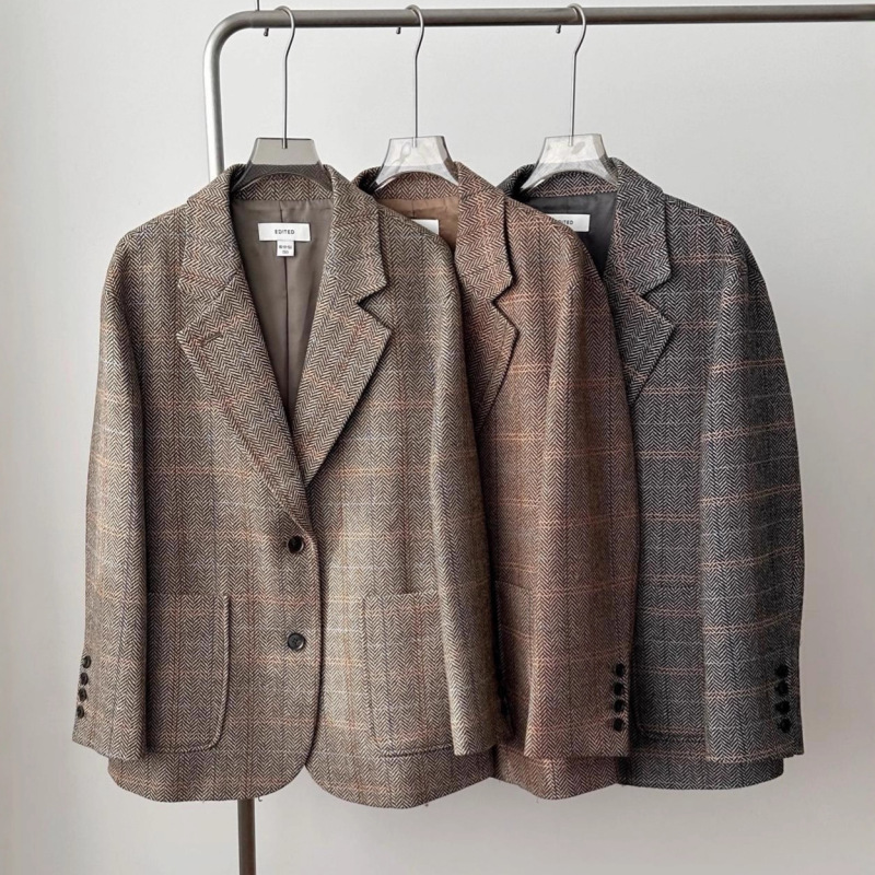 Momo Korean Single Export Seoul Herringbone Retro Large Lapel Buttoned Small Suit Korean Style Casual High-End Commuting