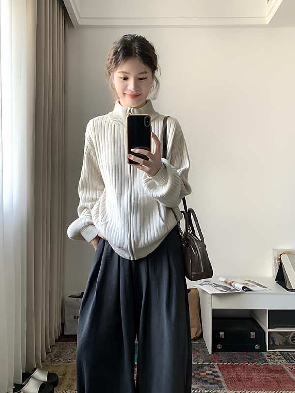 慵懒早秋上衣小个子宽松外搭针织衫上衣立领拉链开衫毛衣外套女|undefined
