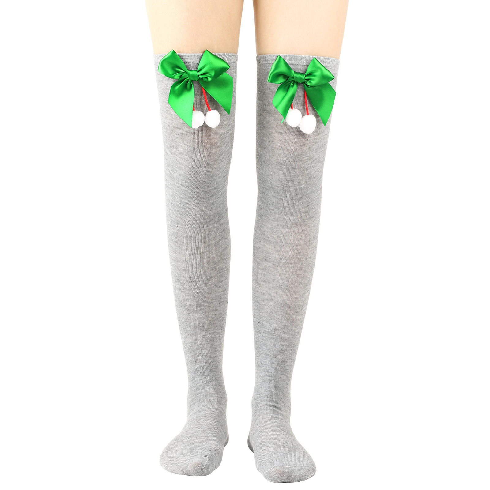Calzini natalizi unisex con fiocco, calzini a palla, sopra il ginocchio, calzini lunghi da donna, calzini natalizi a righe_voghion.com