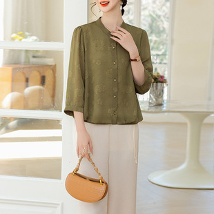 Mother Shirt 2025 Summer New Chinese Style Top Women's Middle Sleeve Middle-aged and Elderly Women's Loose Breathable Refreshing Jacquard Chiffon Shirt