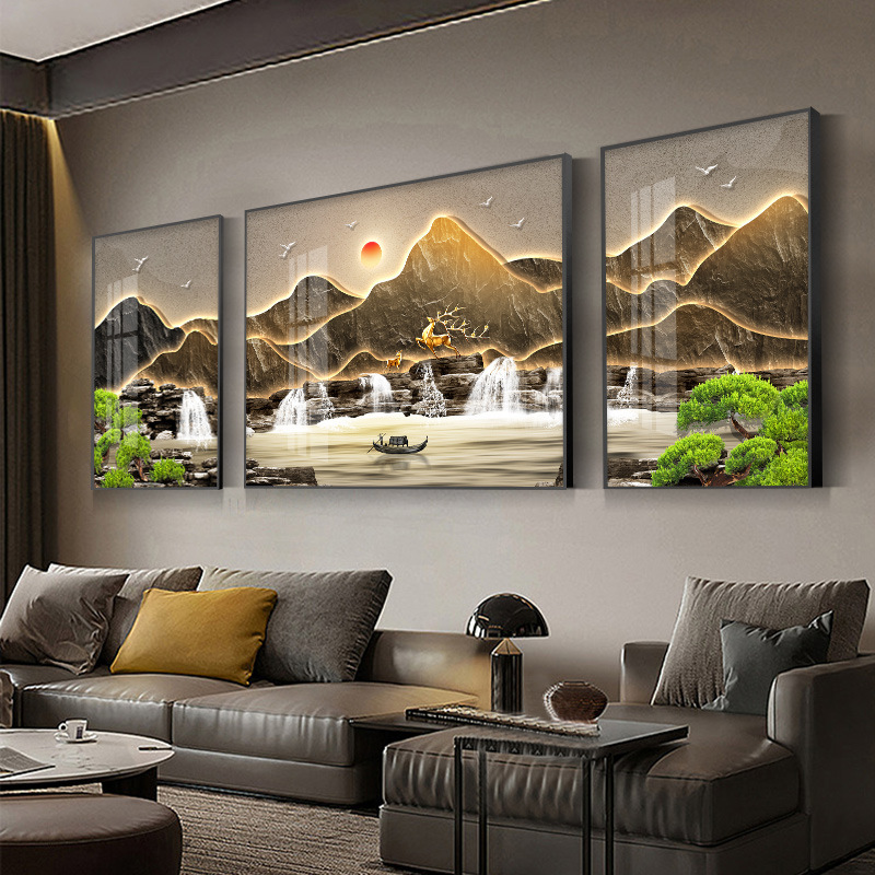 现代靠山山水画客厅装饰画轻奢沙发背景墙挂画大气高级感三联挂画