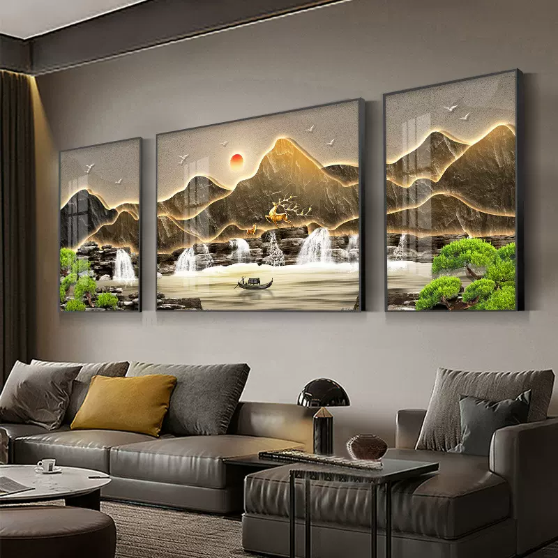 现代靠山山水画客厅装饰画轻奢沙发背景墙挂画大气高级感三联挂画