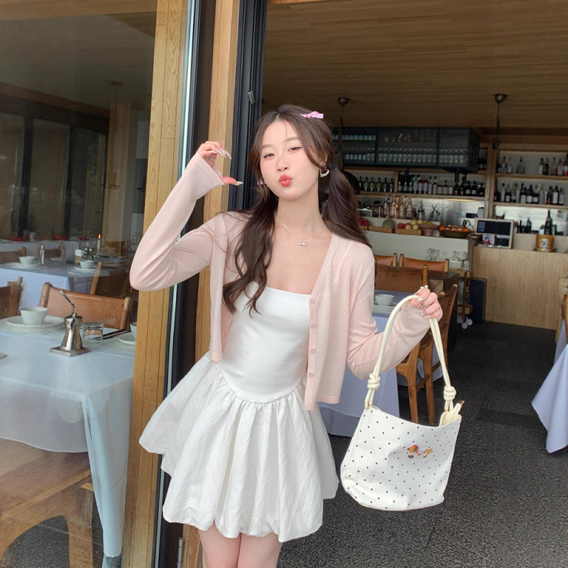 Pink Outer Blouse Cardigan for Women with Suspenders 2025 New Autum Light Knitted Jacket Sun Protection Short Top Pink Outer Blouse Cardigan for Women with Suspenders 2025 New Autum Light Knitted Jacket Sun Protection Short Top