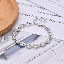 925银手链 重工7MM猪鼻子手链银饰手工时尚百搭环环相扣中古坠