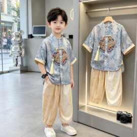 儿童汉服男童国风套装小少爷新中式唐装两件套男宝古风短袖演出服