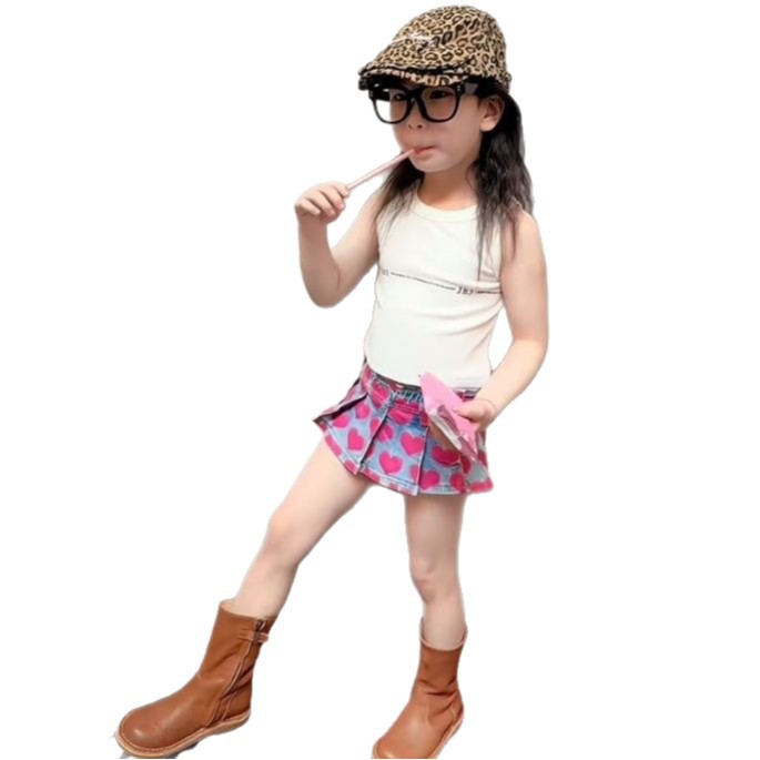 Niñas 2025 ropa de verano nueva dopamina impresa amor vaqueros falda corta de mujer tesoro personalidad torso de moda
