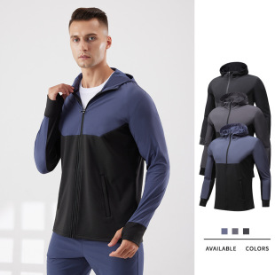Autumn and winter outdoor fleece-lined sports jacket men's stitching windproof warm cycling sweater hooded fitness sportswear