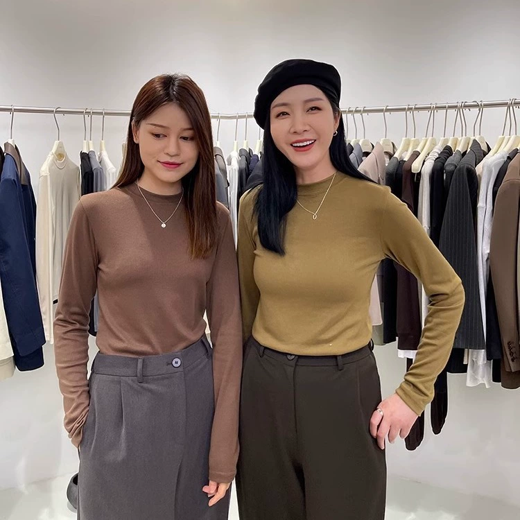 TikTok, Весенняя Модальная универсальная базовая рубашка с воротником до локтя, Женская осенне-зимняя черная футболка с длинными рукавами внутри, женская футболка