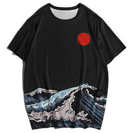 亚马逊日本站3d数码印花短袖t恤浮世绘太阳海浪t-shir外贸t男装