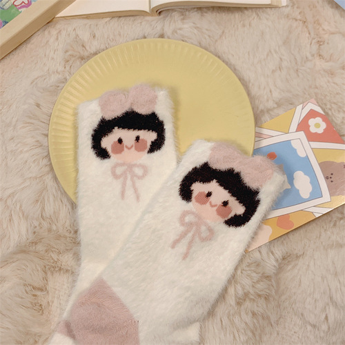 Rabbit Velvet Socks Women's Autumn and Winter Thickened Warm Socks Floor Socks Plush Soft Breathable Pink Strawberry Girls' Socks