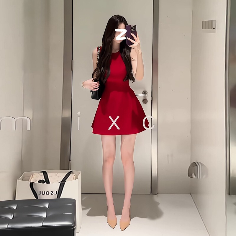 Red Sleeveless Vest Dress for Women, Summer French-Style Engagement Dress, Toast Dress, Waist-Slimming Red Dress, Short Dress