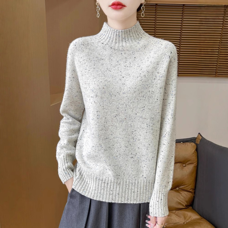 Dot Yarn Full Wool Knitted Turtleneck Sweater Women's 100 Wool Autumn and Winter Loose Meat Covering Pile Collar Base Shirt New