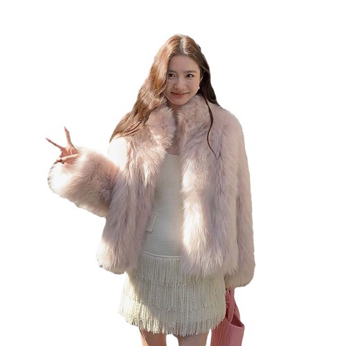 2025 Autumn/Winter Fox Fur Imitation Pea Coat with High Collar, Thick Warmth, Korean Style Fur Hooded Coat for Rich Girls