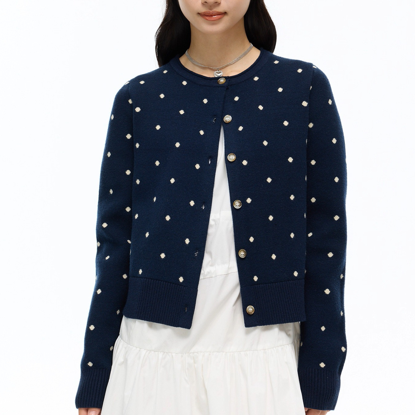 Same Old Navy Blue New Retro Polka Dot All-Print Sweater Knitted Cardigan Women's Jacket Versatile Slimming Look Top