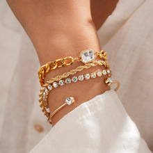 四件套欧美金属感镶钻几何圆形方形手链轻奢高级感时尚跨境手饰女