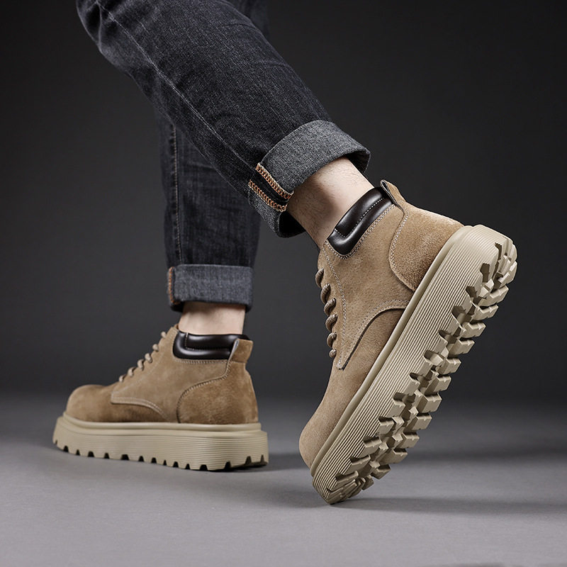 Giày bốt Martin nam da lộn đế dày tăng chiều cao, bốt cổ trung đi phượt — 76928 kaki