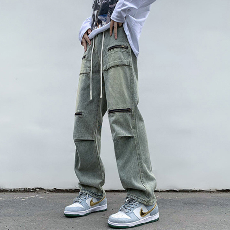 European and American High Street vibe Pants Yellow Mud Dye Vintage Drawstring Tooling Jeans Men's Elasticized Waist Functional Straight Pants