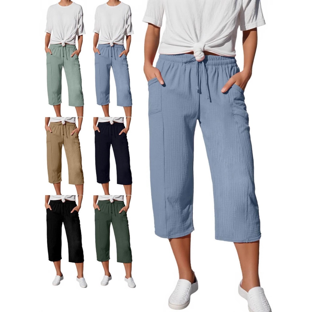 2025 Amazon Wish Spring and Autumn European and American Women's Fashion Solid Color Cotton and Linen Loose Drawstring Wide-Leg Casual Cropped Pants for Women