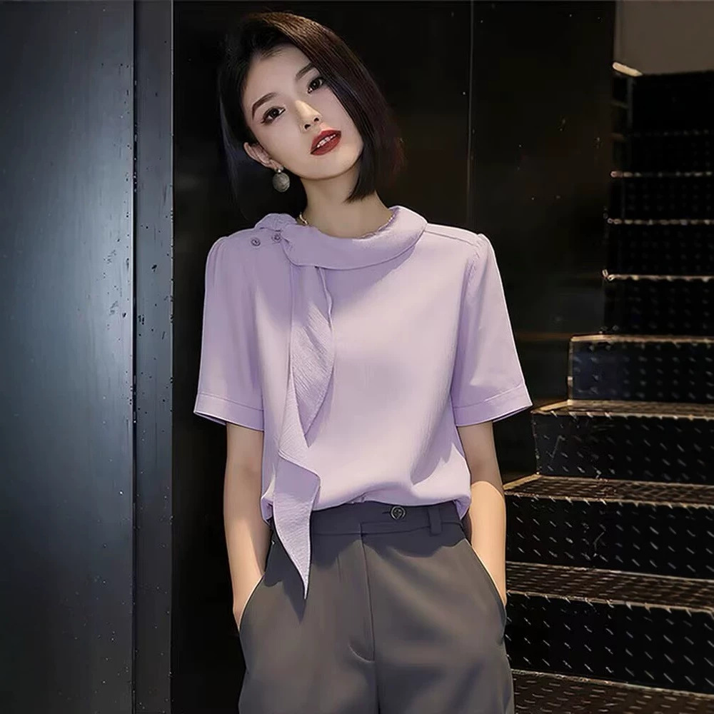 Áo sơ mi ngắn tay nữ phong cách thanh lịch, tay lụa, màu tím — màu tím chi tiết 4