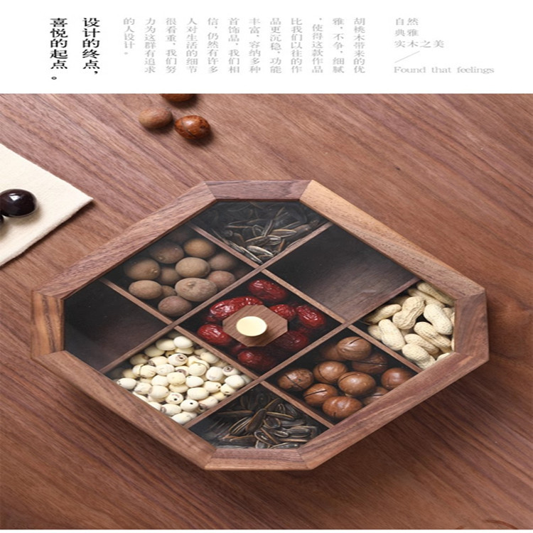 Madera de nogal negro caja de tuerca octogonal rejilla de madera maciza con cubierta de vidrio dulce caja de frutas secas Placa de semillas de melón de fruta China