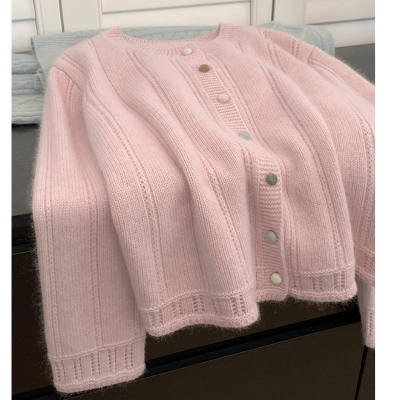 French Pink Chanel Style Knitted Cardigan Women's Autumn and Winter Inner Winter Sweater Coat Cotton Cashmere Base Top