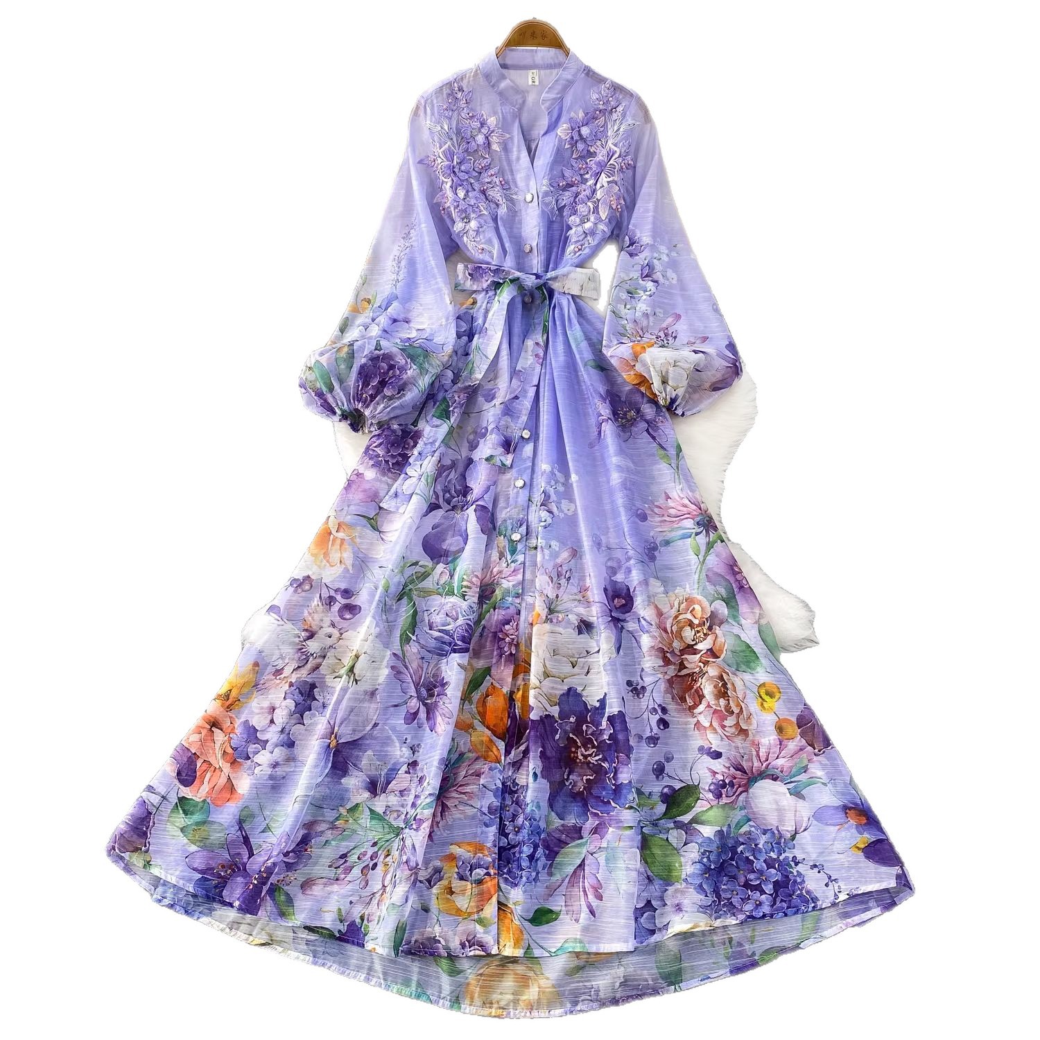 Elegant French-Inspired Floral Embroidered Dress With Button Front & Waist Tie - Flowy Maxi Dress For Women_voghion.com