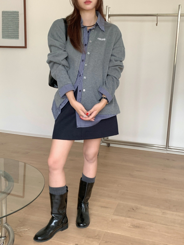 GAGD 松弛感格子拼接衬衫假两件开衫卫衣女 25秋季miu系上衣外套|undefined