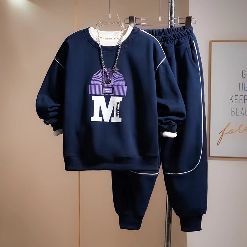 Beau pull de sport décontracté pour garçons, ensemble deux pièces ample avec lettres imprimées, ensemble DF, printemps et automne, 1403_voghion.com