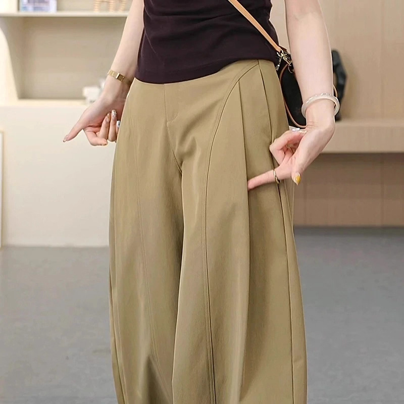 卡其色阔腿裤女2025春秋新款高腰显瘦时尚宽松潮流侧压褶贝斯裤子|undefined