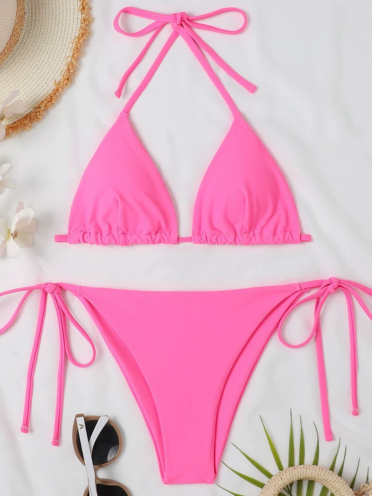 Women's Nylon Bikini Set, Split Top with Cups, Backless Tie, Sizes XS–XL