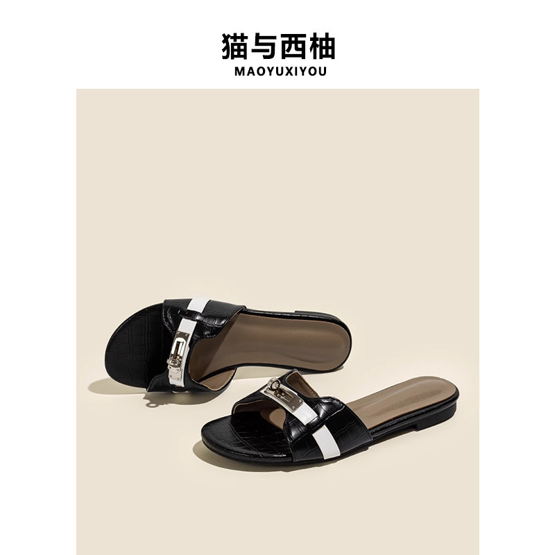 Cowhide Version ~ Crocodile Pattern Korean Style One-Line High-Heeled Thick-Heeled Slippers for Women Summer Soft-Soled Beach Mid-Heeled Sandals for Outer Wear