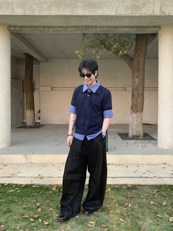 高品質アイス感触抗シワステッチフェイクツーピース半袖Tシャツサマーポロカラーシャツ高級高級トップスmiuシリーズ|undefined