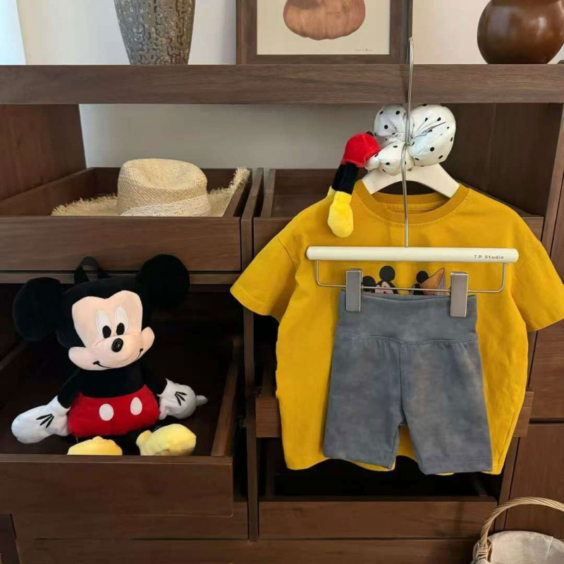 Sweet and Cool Mk Baby Girl Loose Shoulder Korean Cartoon T-Shirt Cycling Pants Trendy Suit