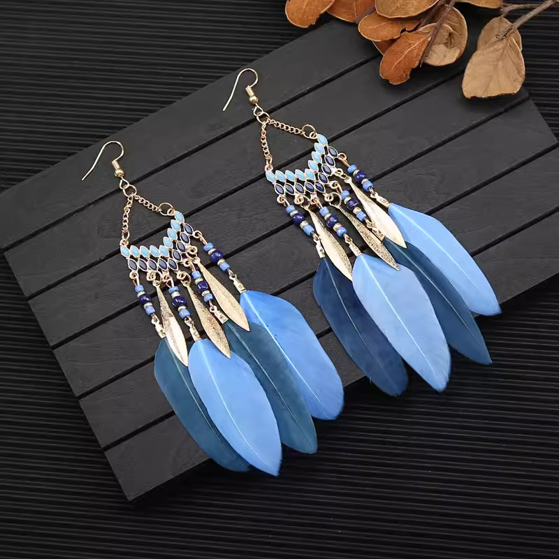 Bohemian Ethnic Style Long Feather Elegant Tassel Stylish Versatile Niche Design High-end Earrings for Women